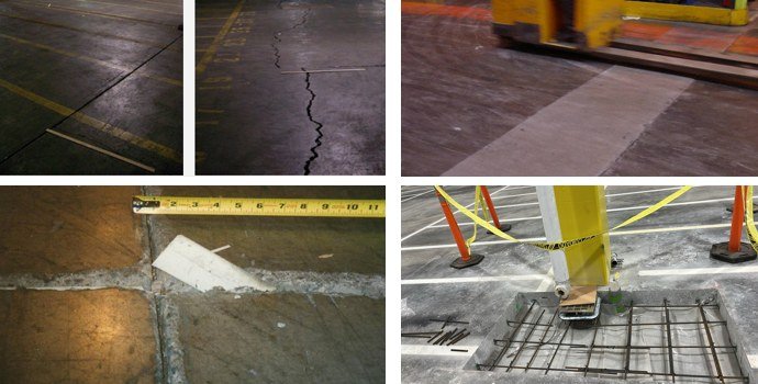 Documented slab distress: joint deterioration, random cracking, a spalled joint measured against a tape, and a rack base pour-back with reinforcement in place