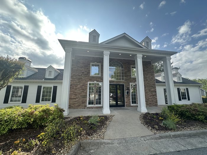 Columned entry of a multi-family community clubhouse